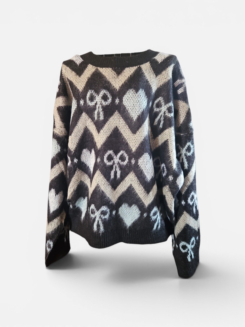 Pink Lily - Black & Cream Heart Bow Pattern Crewneck Sweater